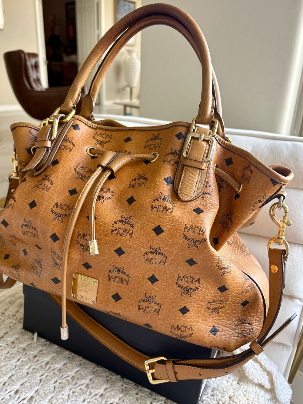 MCM Cognac Visetos Drawstring Shoulder Bag with Gold Hardware